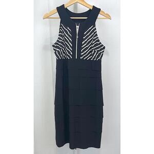 JOSEPH RIBKOFF Zip Neck Sleeveless Dress Tiered Sheath Black White Size 6